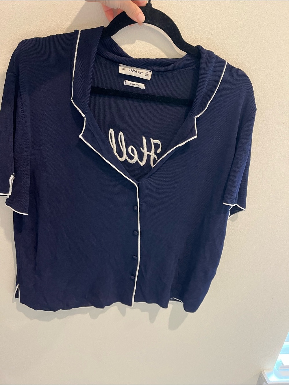 Zara Navy Knit Short Sleeve Button Top with White Trim. Italian Yarn